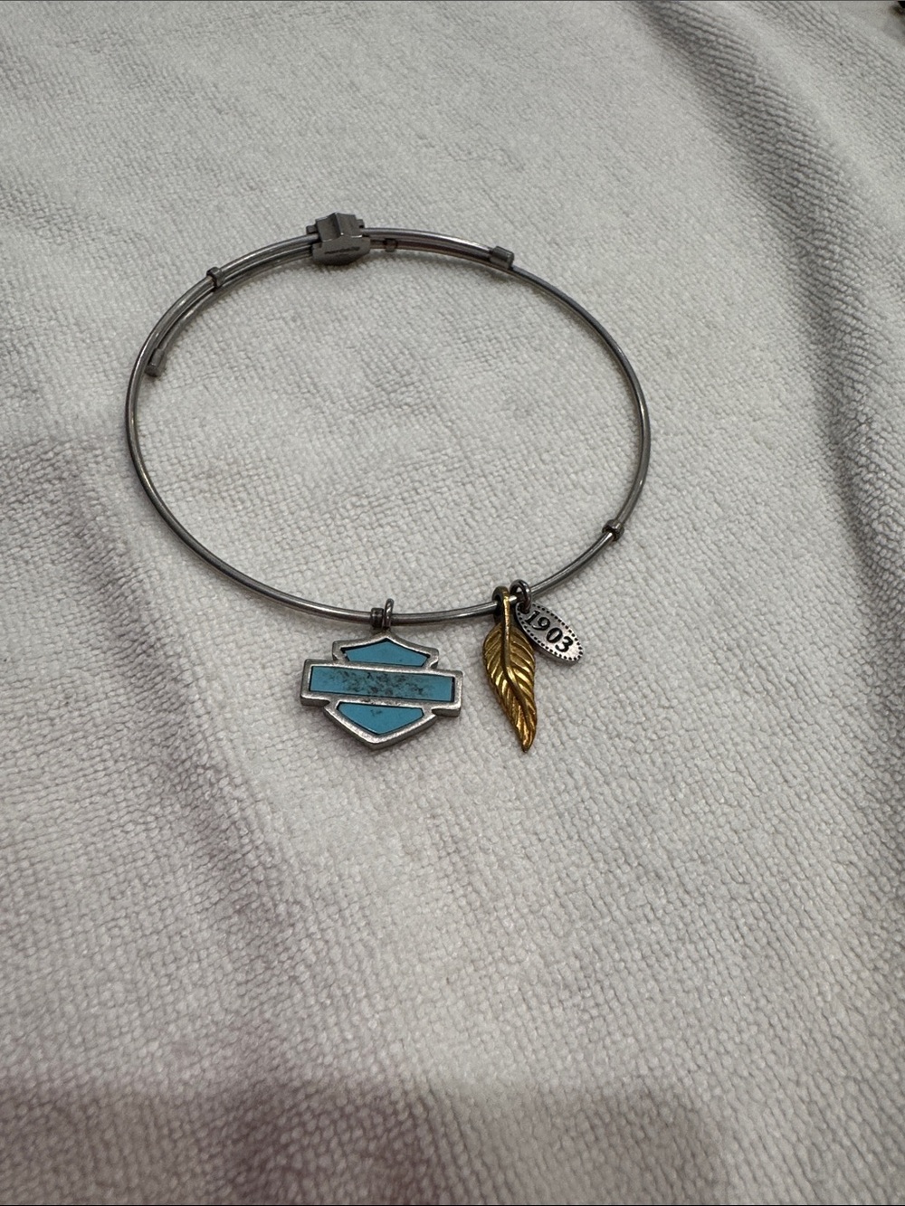 Harley-Davidson Silver Bracelet with Turquoise Shield & Gold Leaf Charms